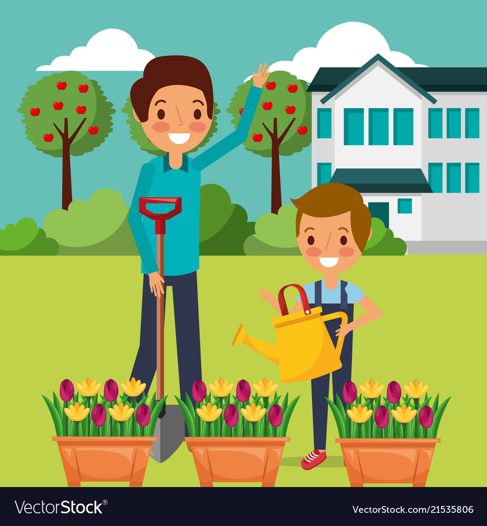 Dad and son watering the potted flowers gardening