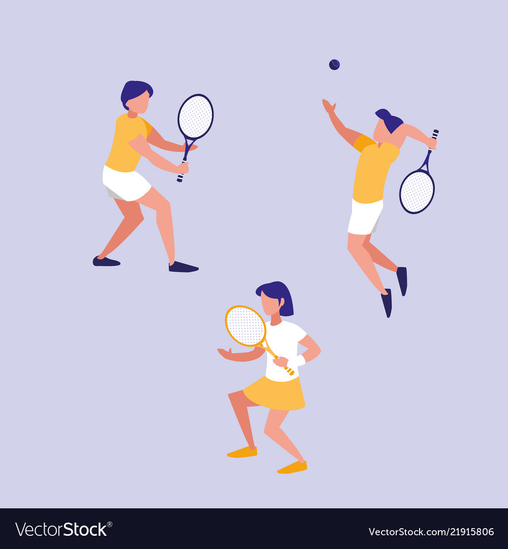 Group people practicing tennis avatar character