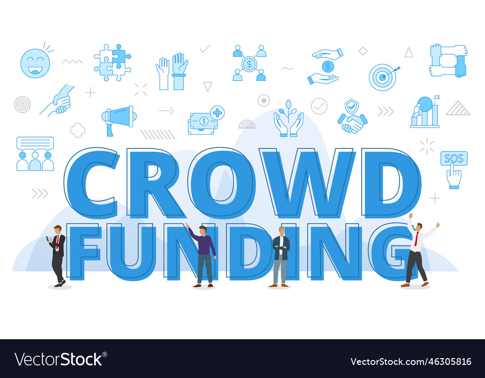 Crowdfunding concept with big words and people