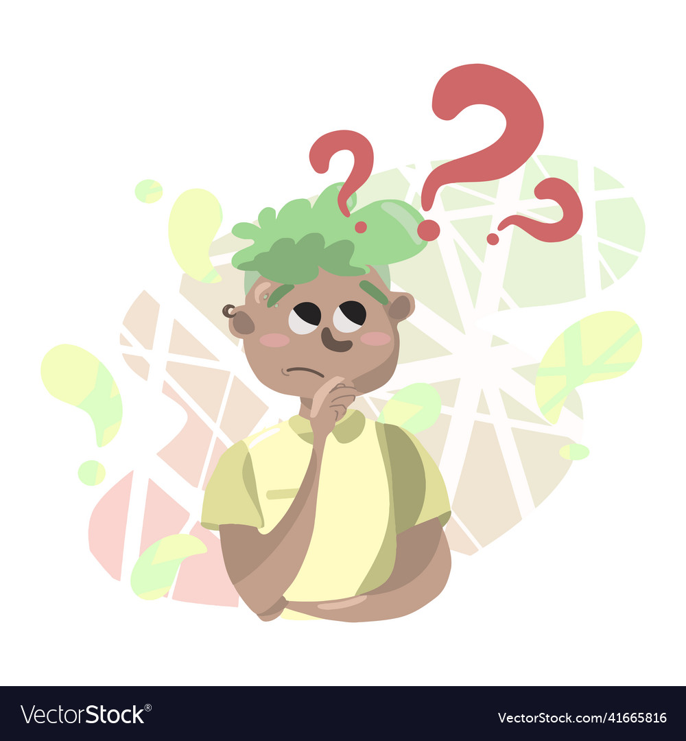 Man confused with three question marks on colorful