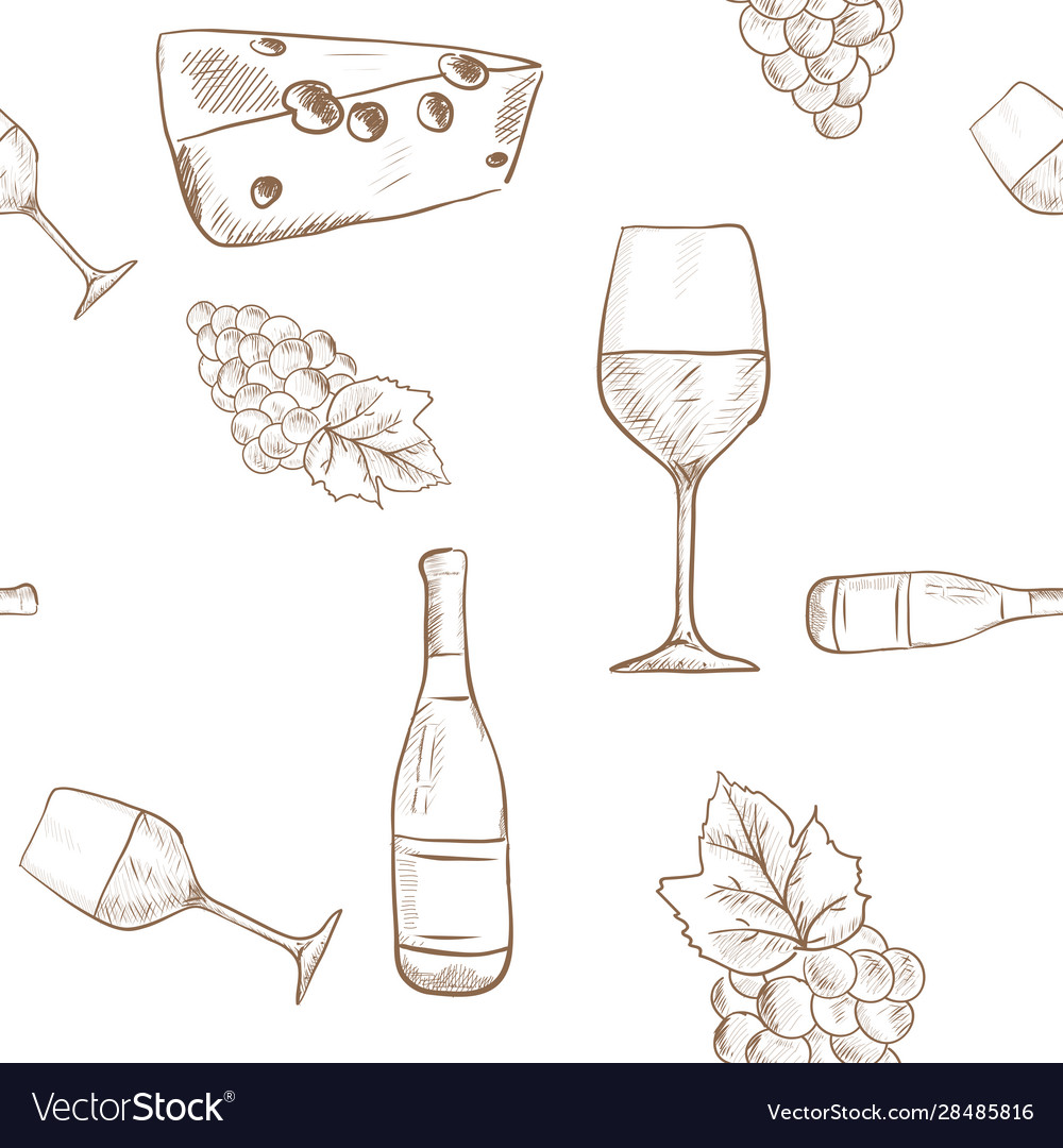 Wine set grapes cheese and wine bottle outline Vector Image