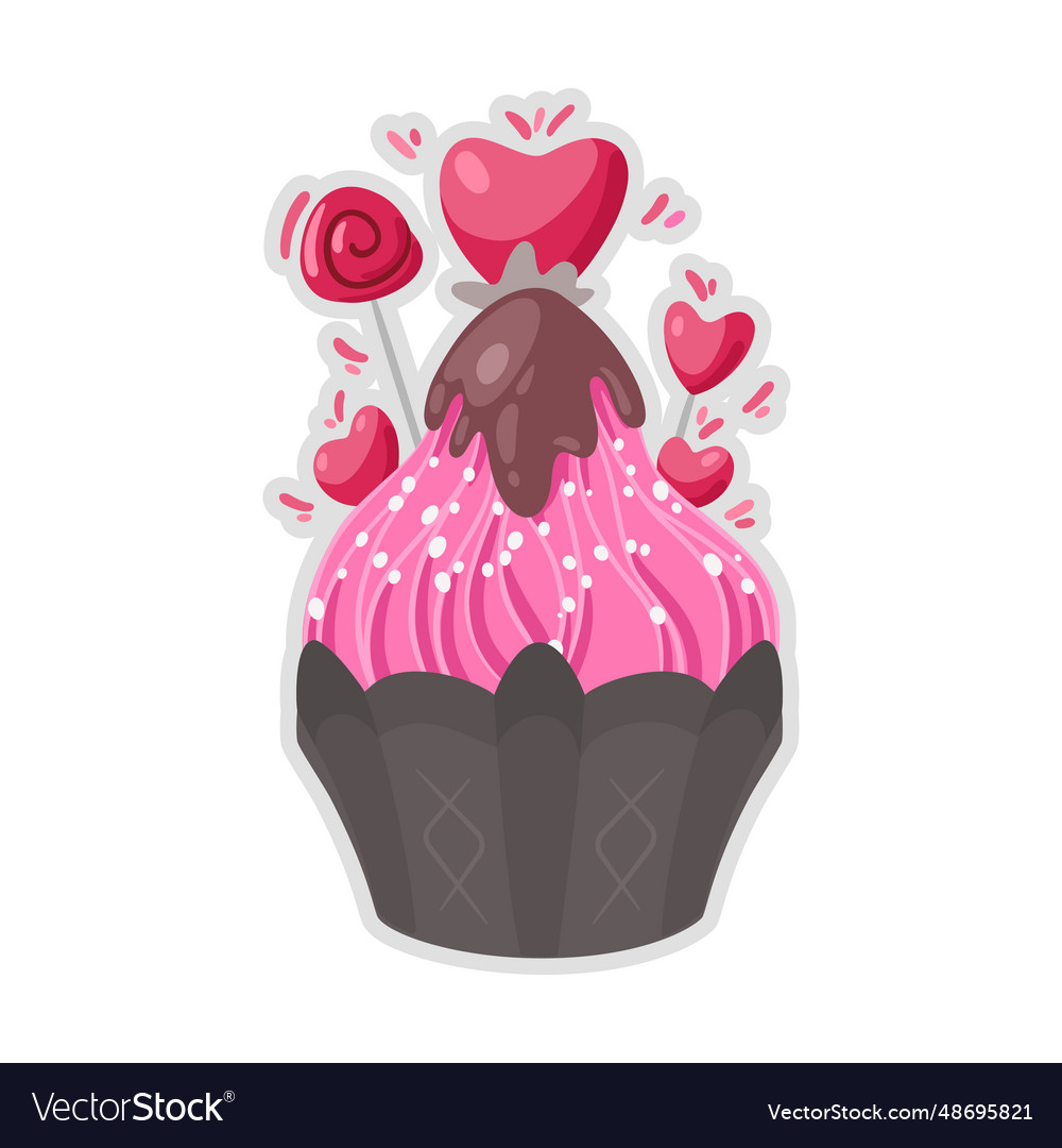 Chocolate icing pink cake with hearts and lollipop