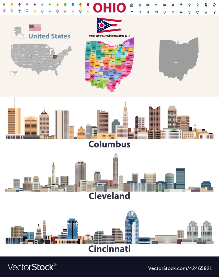 Ohio state congressional districts map and major Vector Image