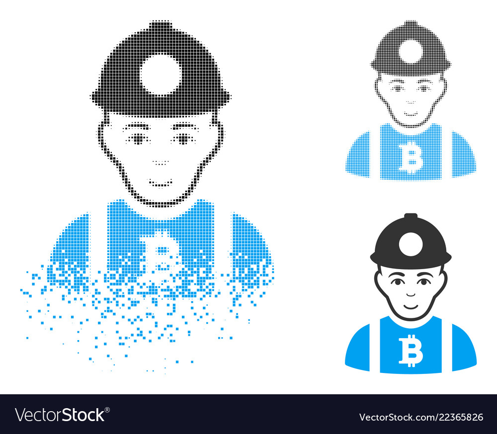 Broken pixel halftone bitcoin miner icon with face vector image Broken pixel halftone bitcoin miner icon with face