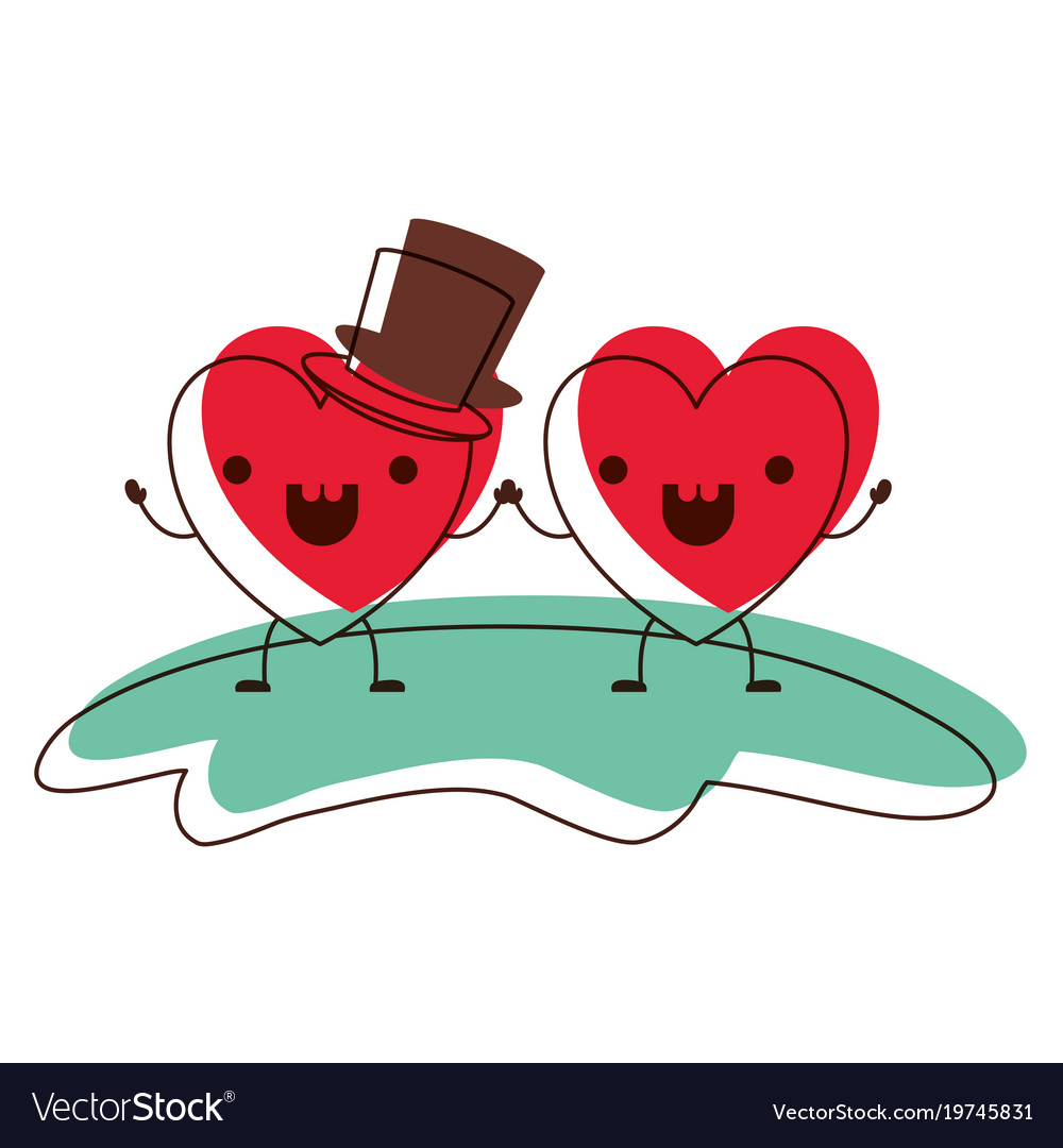 Couple heart character kawaii holding hands