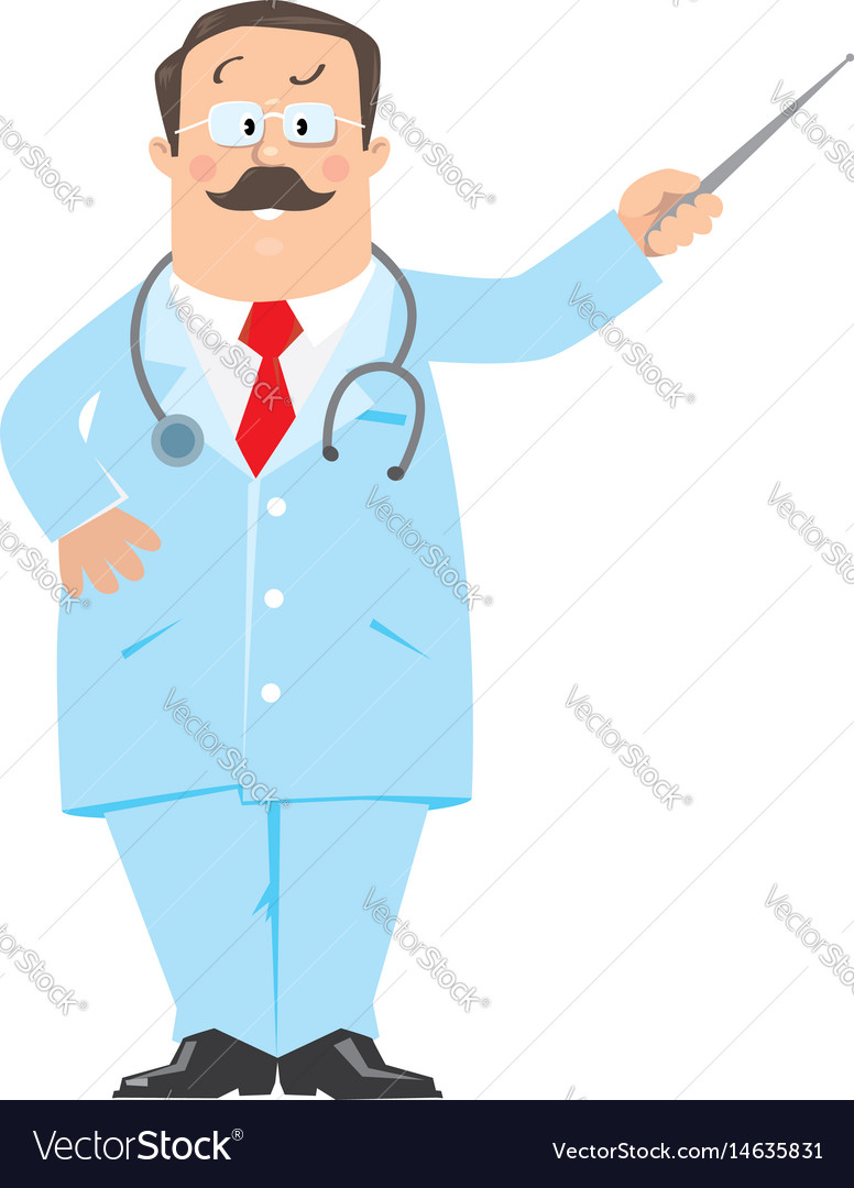 Funny doctor showing by pointer