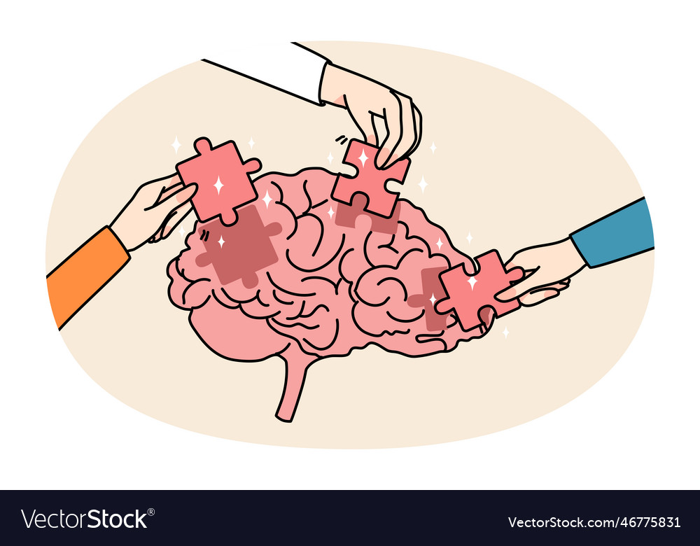 People hands put jigsaw puzzles into brain Vector Image