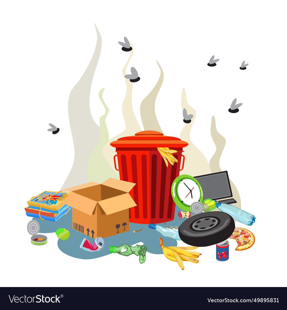 Red trash can with unsorted waste empty boxes