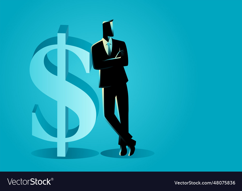 Businessman leaning on big dollar symbol Vector Image