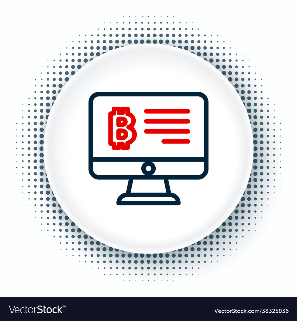 Line mining bitcoin from monitor icon isolated