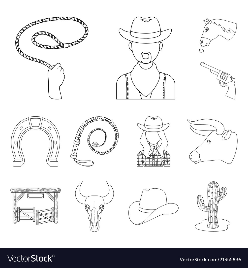 Rodeo competition outline icons in set collection Vector Image