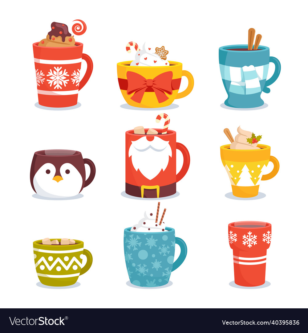 Set of christmas mugs with hot drinks winter cups Vector Image