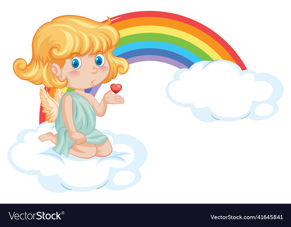 Angel girl sitting on a cloud with rainbow