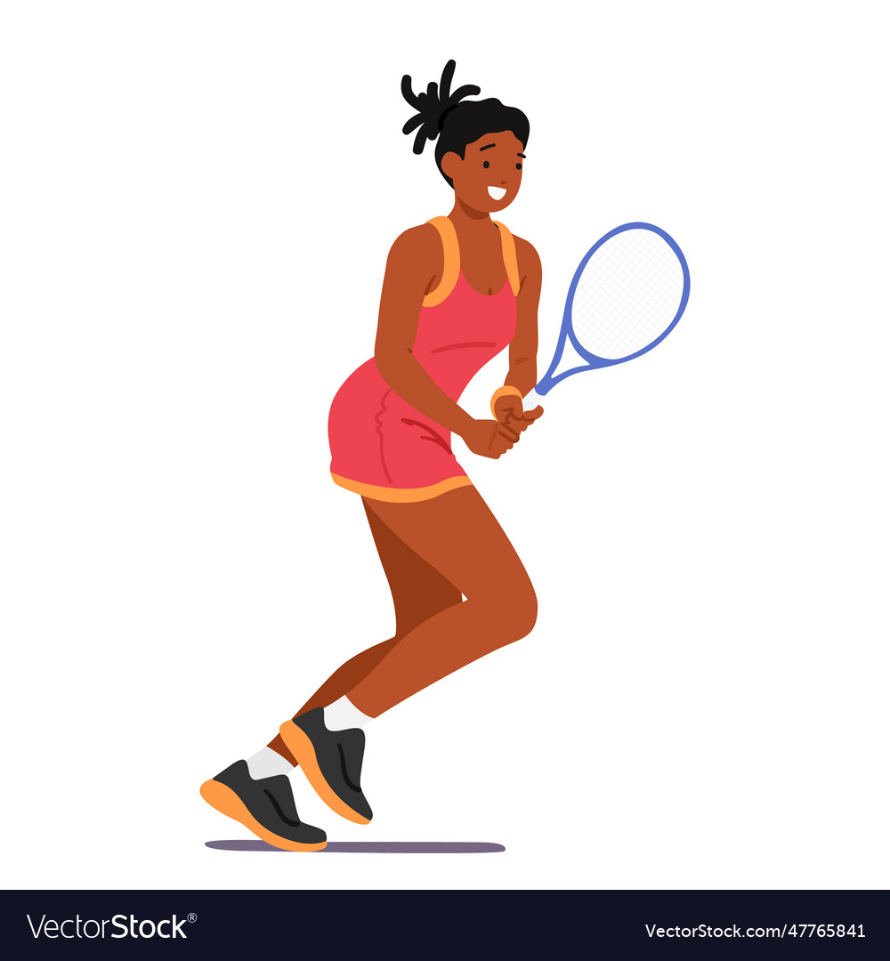 Black woman confidently swings her tennis racket Vector Image