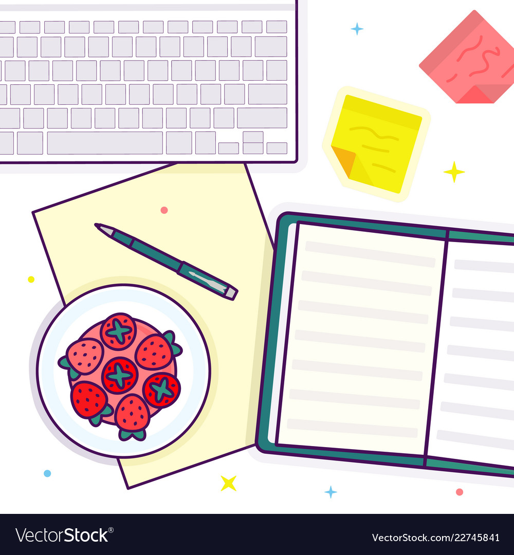 Flat lay with open book strawberry keyboard vector image Flat lay with open book strawberry keyboard