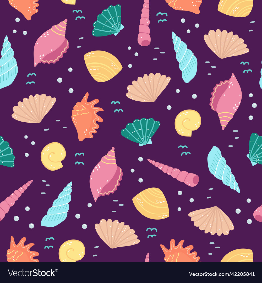 Seamless pattern with seashells in cartoon style vector image Seamless pattern with seashells in cartoon style