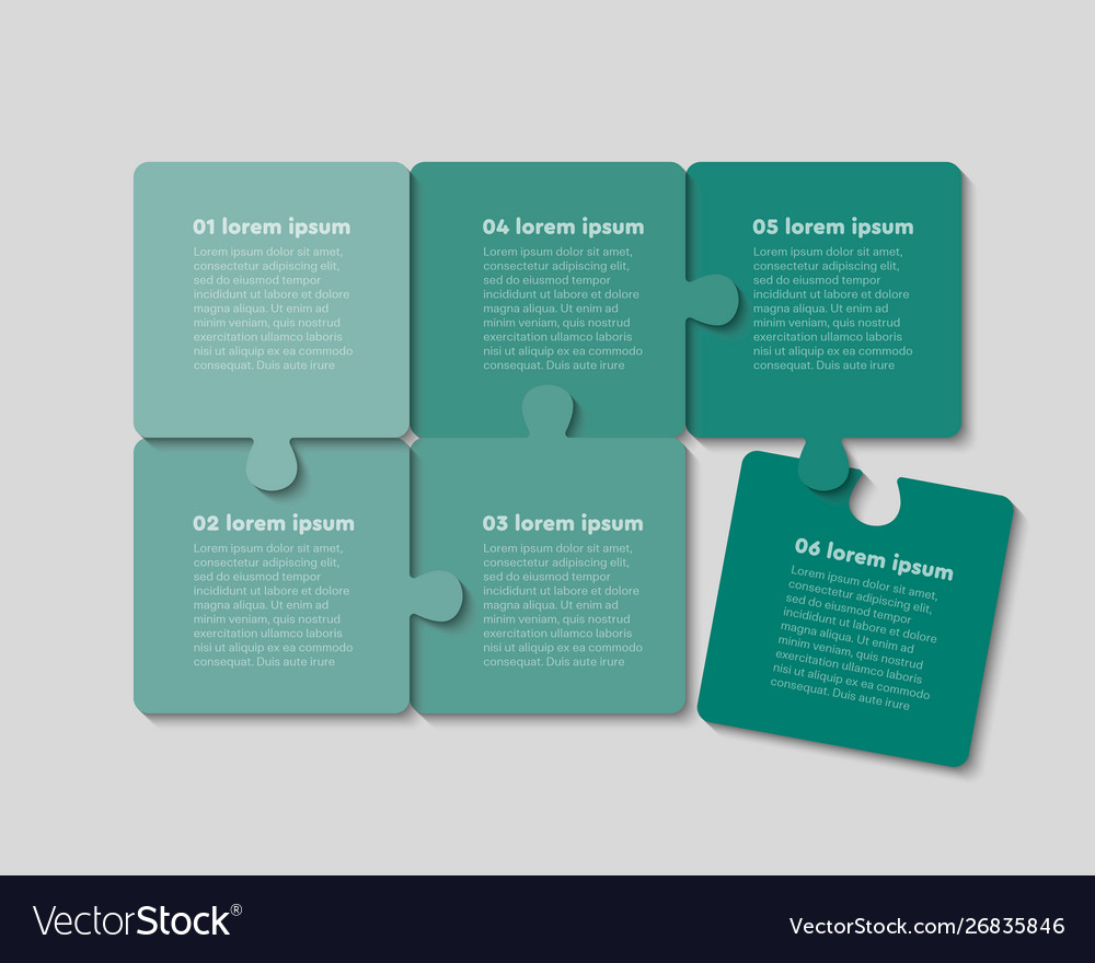 Six jigsaw puzzle template process with text space vector image Six jigsaw puzzle template process with text space