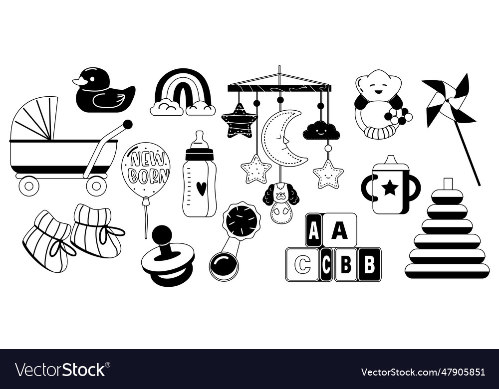 Black and white set of toys and items for babies Vector Image