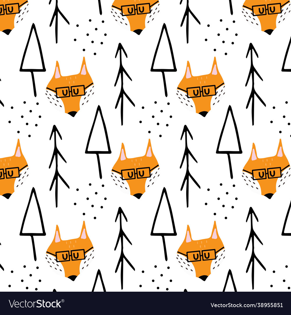 Childish hand-drawn seamless pattern with red fox vector image Childish hand-drawn seamless pattern with red fox