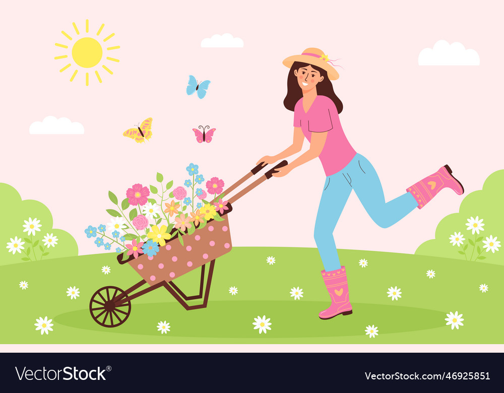 Happy woman pushing garden cart with flowers