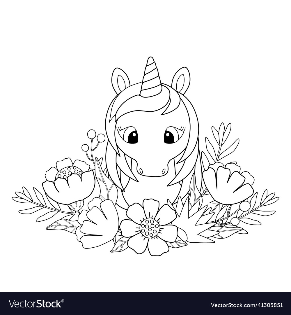 Kids coloring book with cute unicorn and flowers