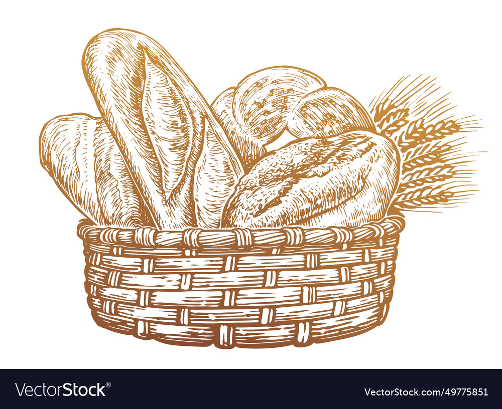 Wicker rustic basket full of baked fresh bread Vector Image