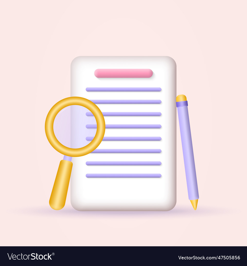 3d paper document icon with magnify and pen list vector image 3d paper document icon with magnify and pen list