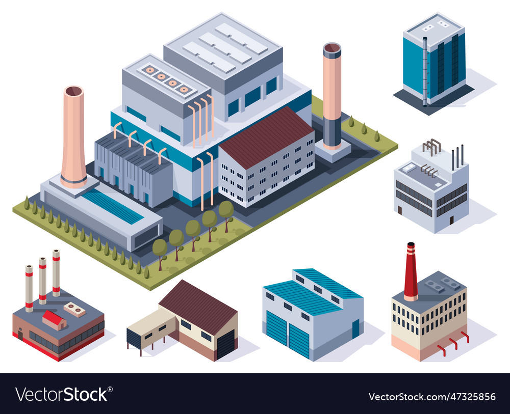 Collection of factory isometric architecture Vector Image