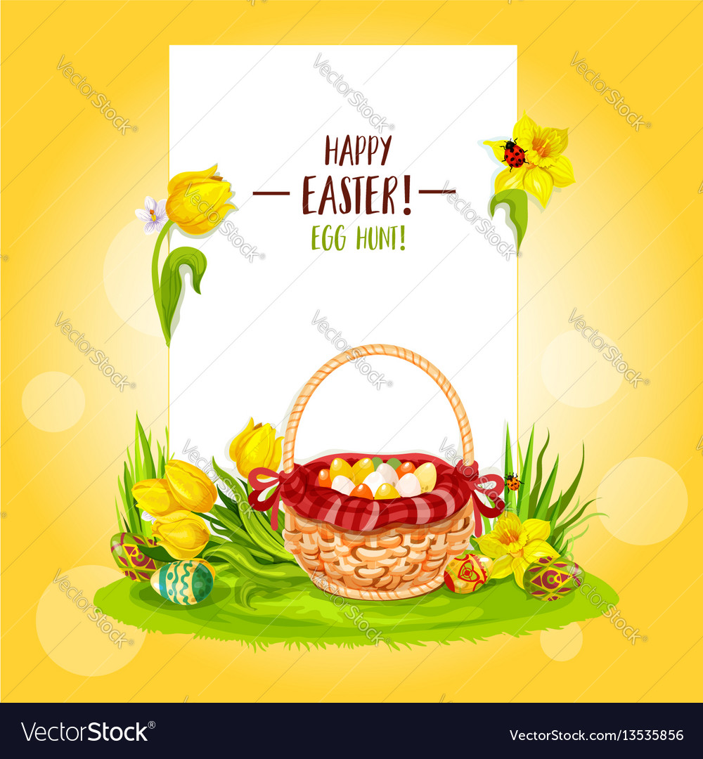 Easter egg hunt basket with flowers and copy space