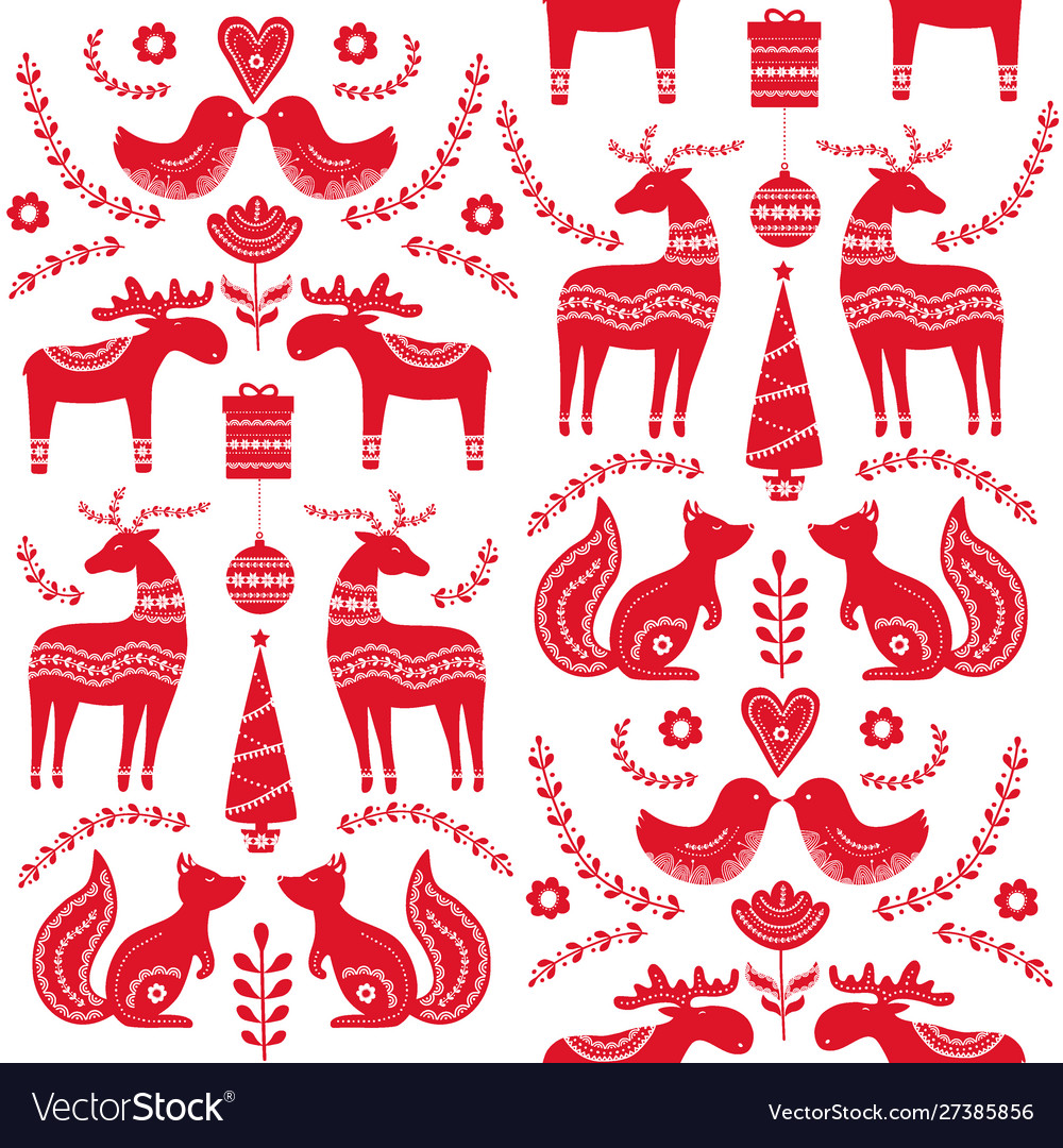 Scandinavian Seamless Folk Art Hand Drawn Pattern Vector Image