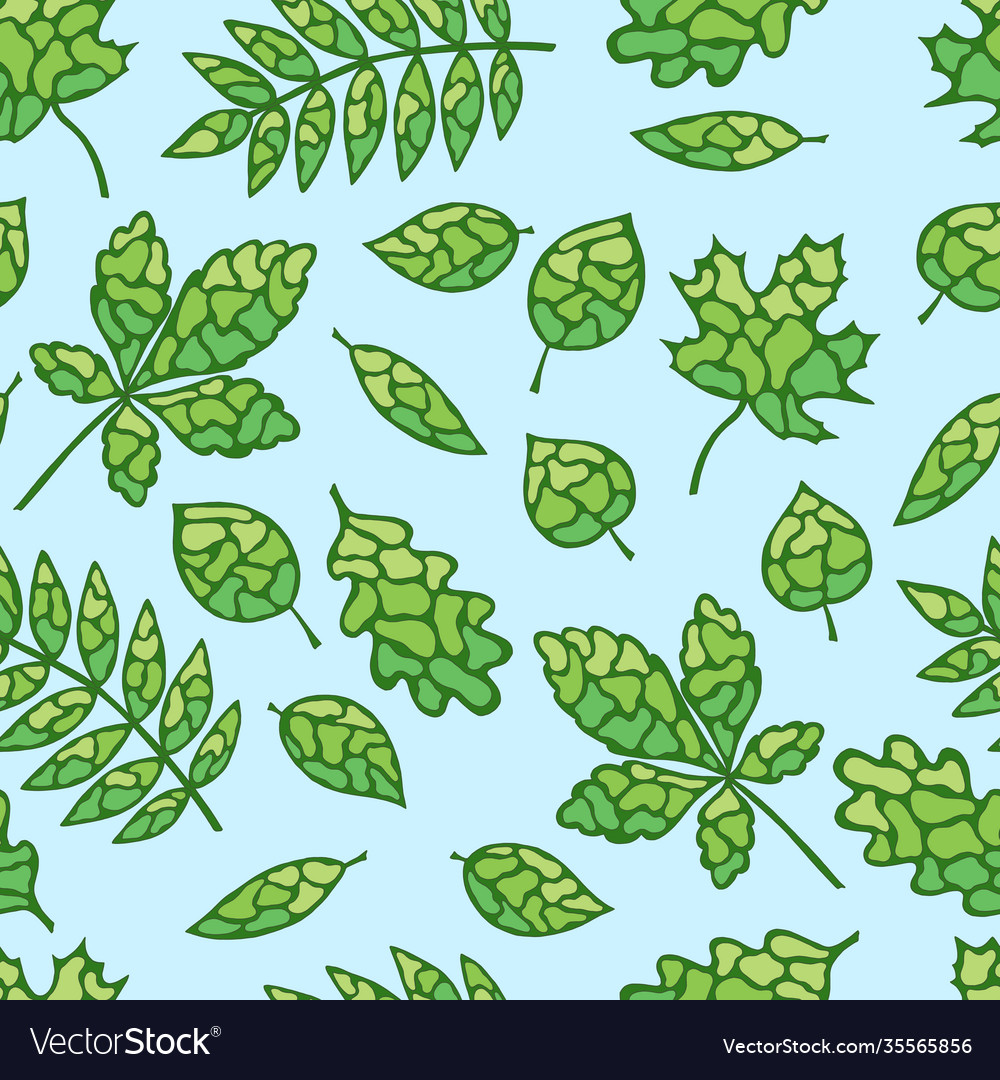 Seamless pattern spring green leaves on a blue vector image Seamless pattern spring green leaves on a blue