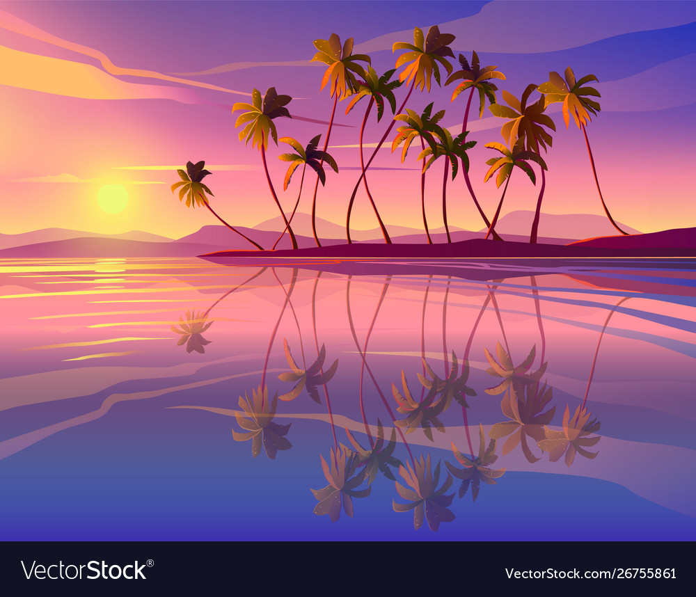 Beautiful seaside sunset decline ocean palm Vector Image