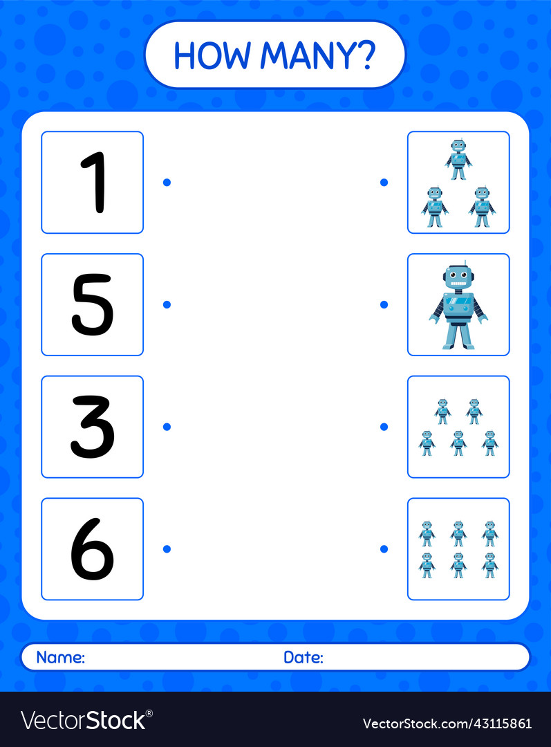 How many counting game with robot toy worksheet vector image How many counting game with robot toy worksheet
