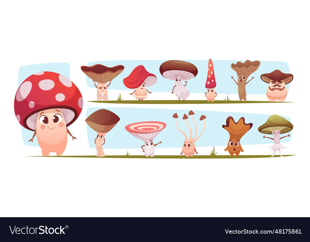 Mushroom cartoon characters in action Royalty Free Vector