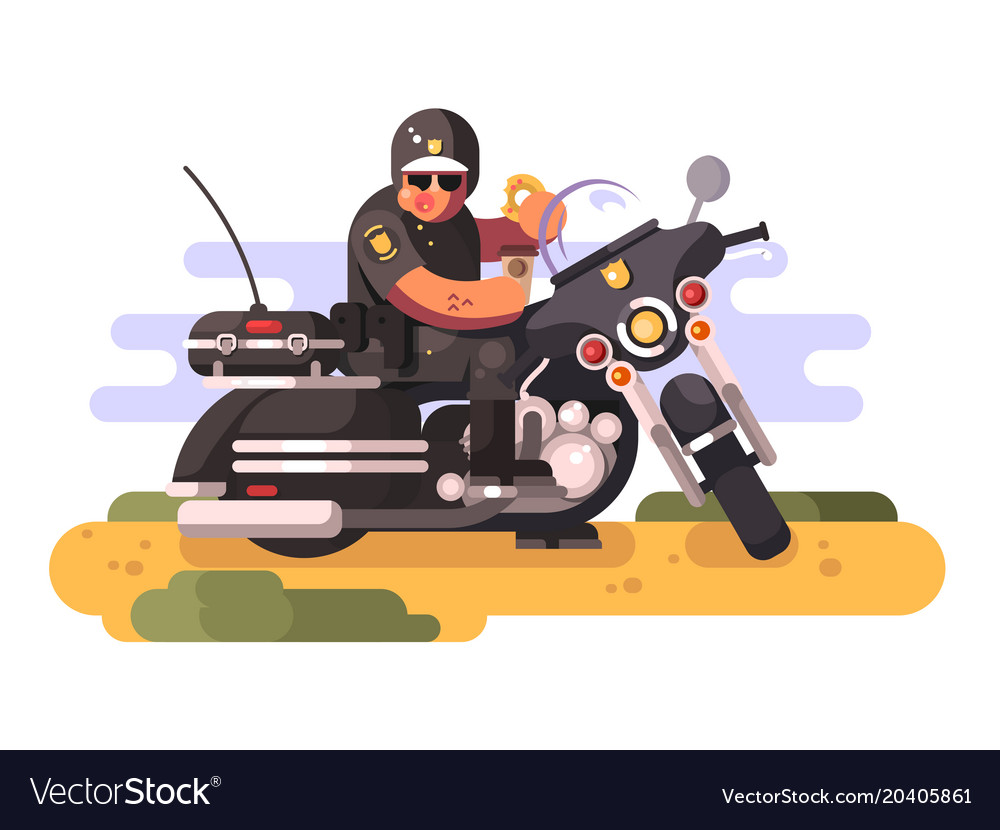 Police officer with donut and coffee on motorcycle Police officer with donut and coffee on motorcycle