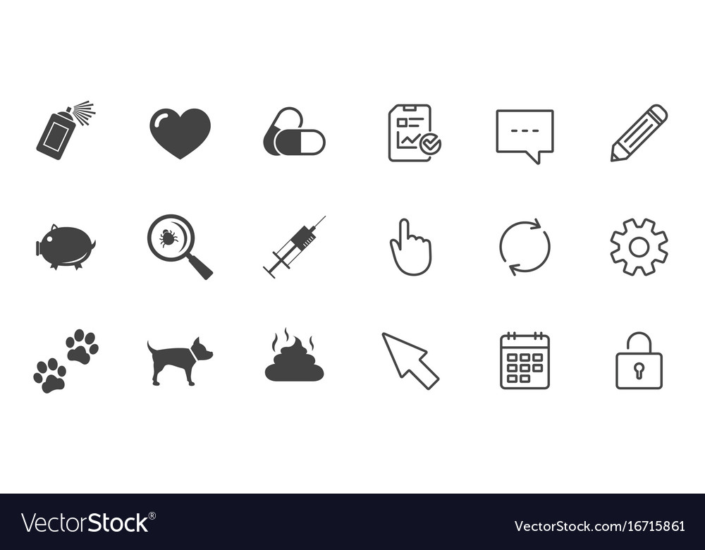 Veterinary pets icons dog paws syringe signs