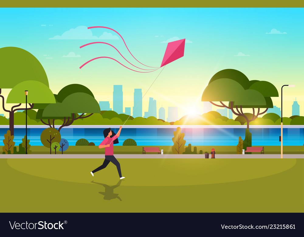 Junge Frau Starting Kite im Freien moderne öffentliche vector image Junge Frau Starting Kite im Freien moderne öffentliche