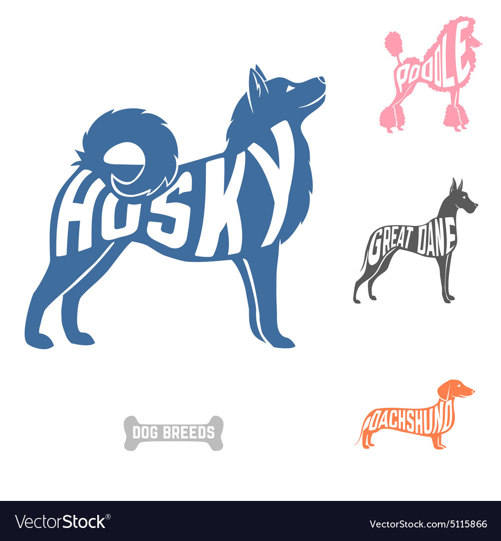 Isolated dog breed silhouettes set with names of Vector Image