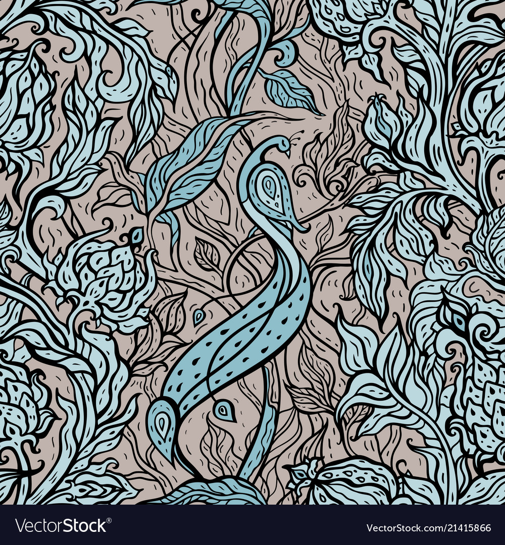 Paradise Bird In Magic Garden Hand Drawn Seamless Vector Image