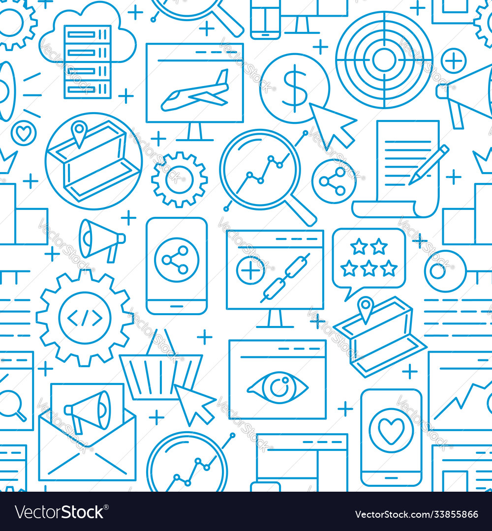 Seo seamless pattern in thin line style vector image Seo seamless pattern in thin line style