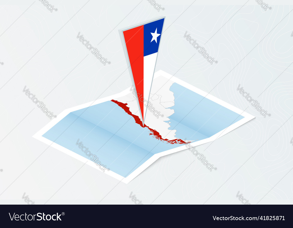 Isometric paper map of chile with triangular flag vector image Isometric paper map of chile with triangular flag