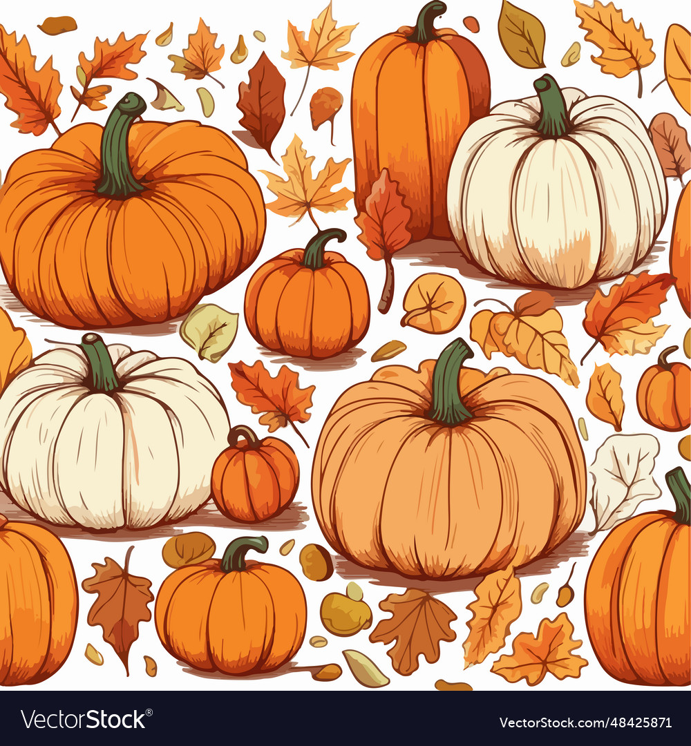 Seamless pattern autumn pumpkins and leaves