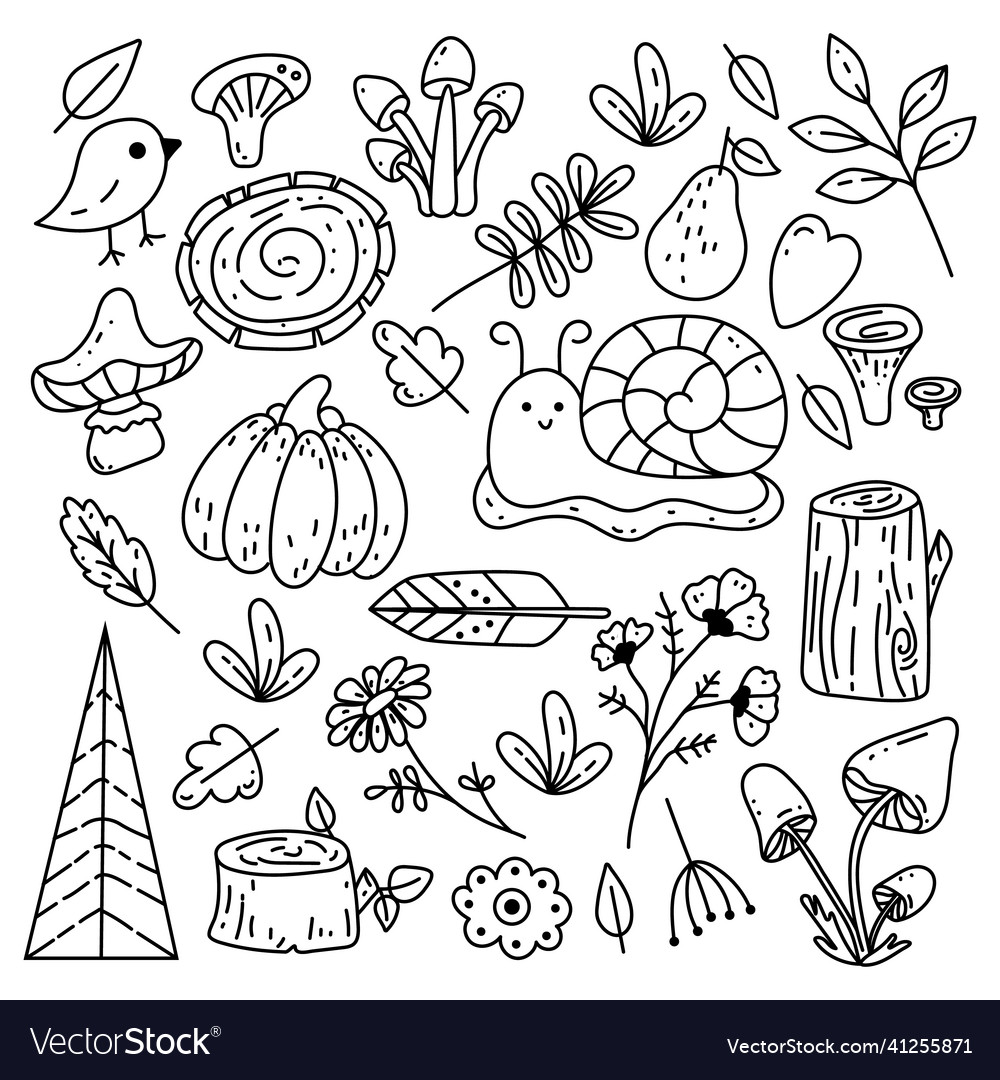 Set of autumn forest design elements in doodle vector image Set of autumn forest design elements in doodle