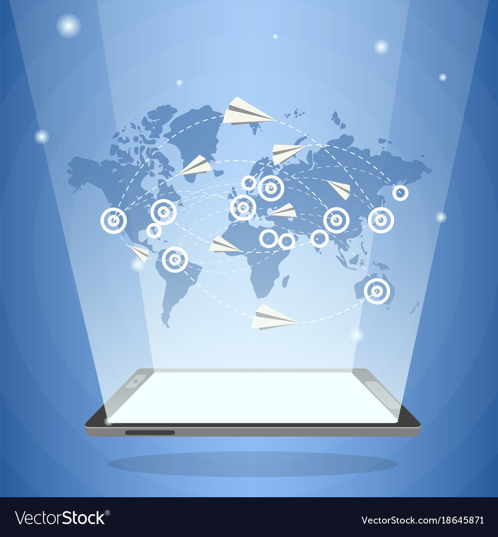 Tablet computer with world map and paper airplanes