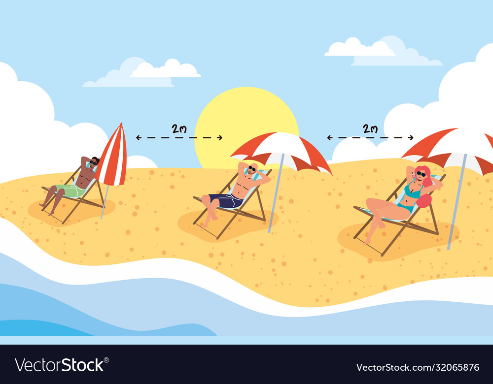 People on beach practicing social distancing Vector Image