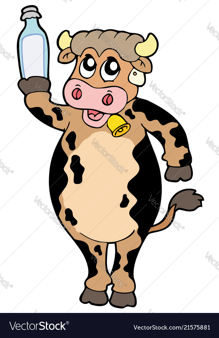 Cartoon cow holding bottle of milk vector image Cartoon cow holding bottle of milk