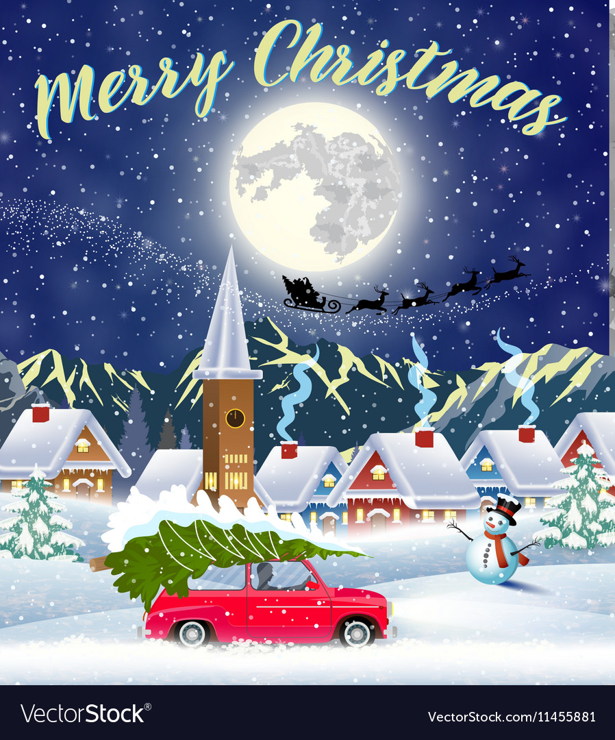 Christmas card design of car with tree on the top