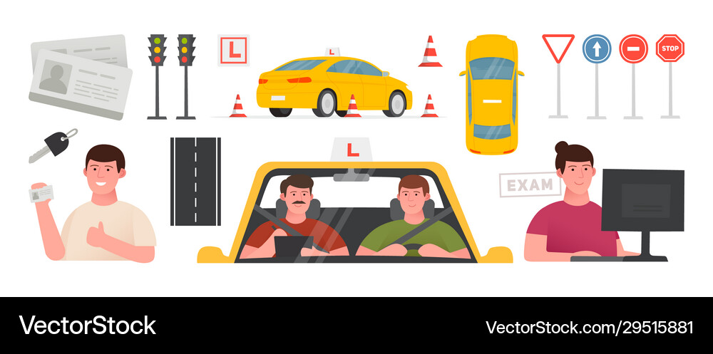 Driving school set training car Royalty Free Vector Image