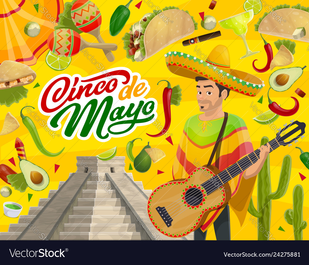 Mexican Mariachi Guitar Sombrero And Food Vector Image