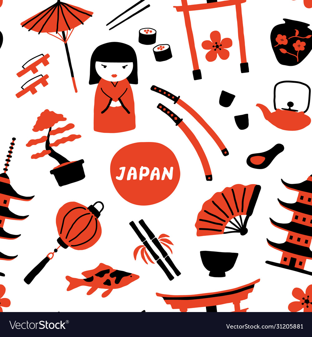 Seamless childish pattern with cute traditional japanese symbols. 